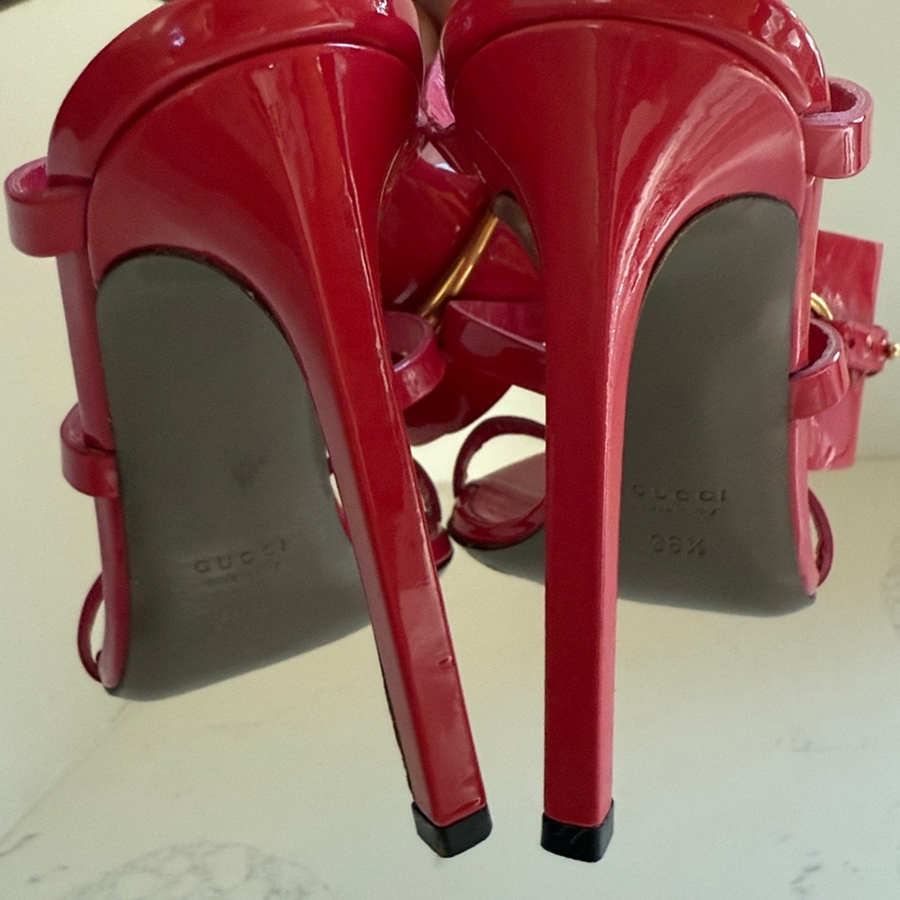Gucci Ursula Horsebit Ankle Strap Heels Red Patent Leather Size 36.5 - Picture 13 of 17